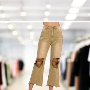 Zenana Outfitters Tan Distressed Flare Jeans